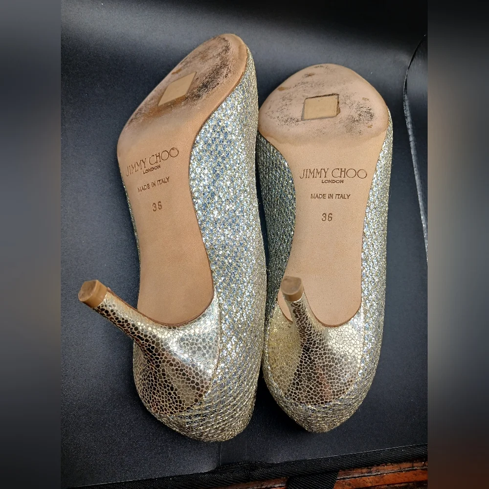 🪩 Jimmy Choo Gold Glitter Peep Toe Heels | Size 36 (US 6) | Made in Italy - Picture 9 of 13